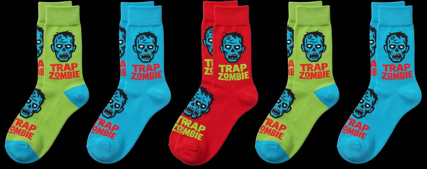 Five pairs of Trap Zombie crew socks in lime, cyan and red with the zombie head and wordmark knit in