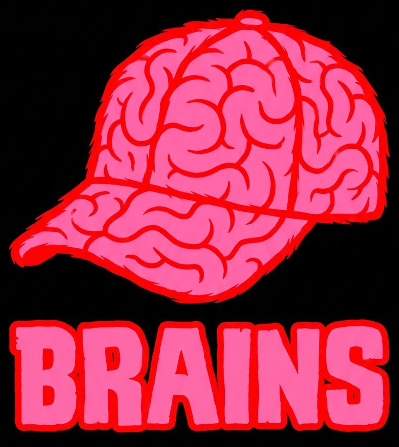 BRAINS artwork: a cartoon baseball cap made of pink brain folds with red outlines, above the word BRAINS