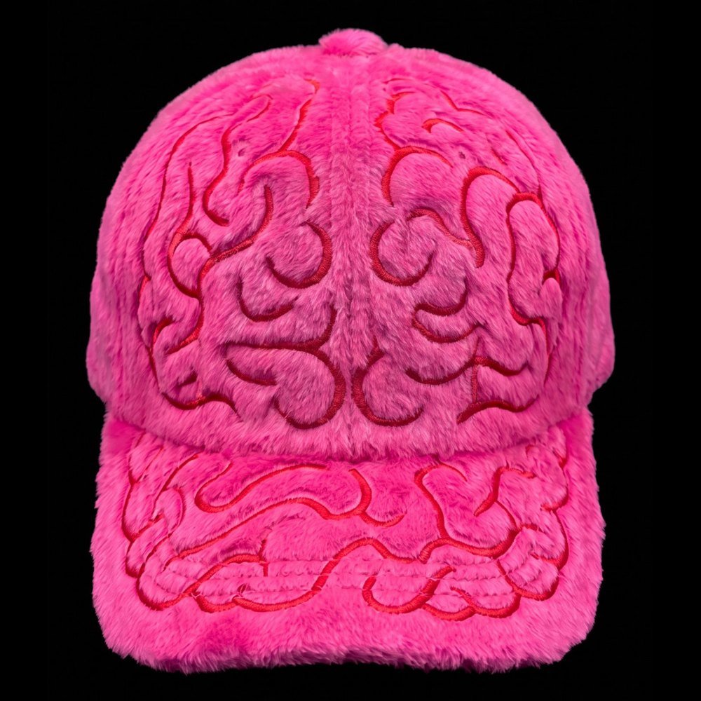 The BRAINS cap: hot pink faux fur with red embroidered brain folds across the crown and brim