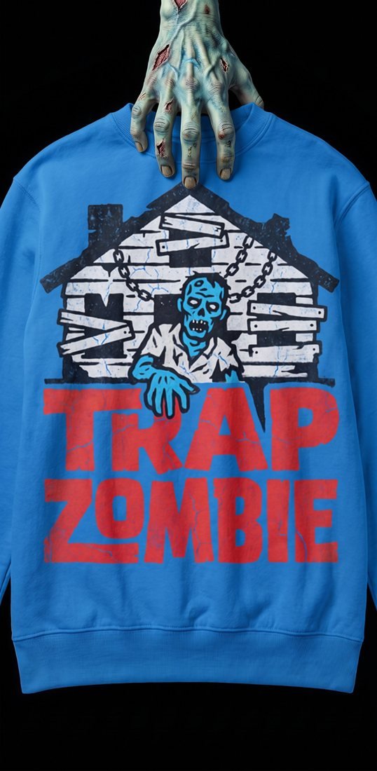 A rotting zombie hand lifting the blue Boarded House crewneck by the collar