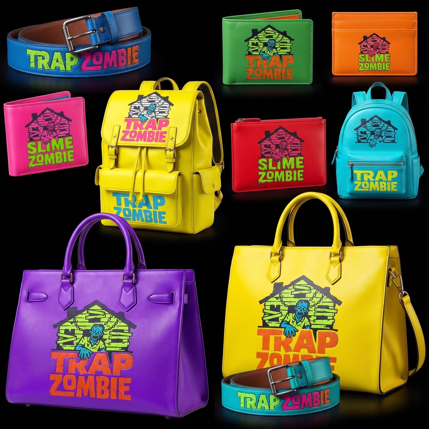 The full Trap Zombie leather collection: belts, wallets, card holder, pouch, backpacks and bags in neon leather