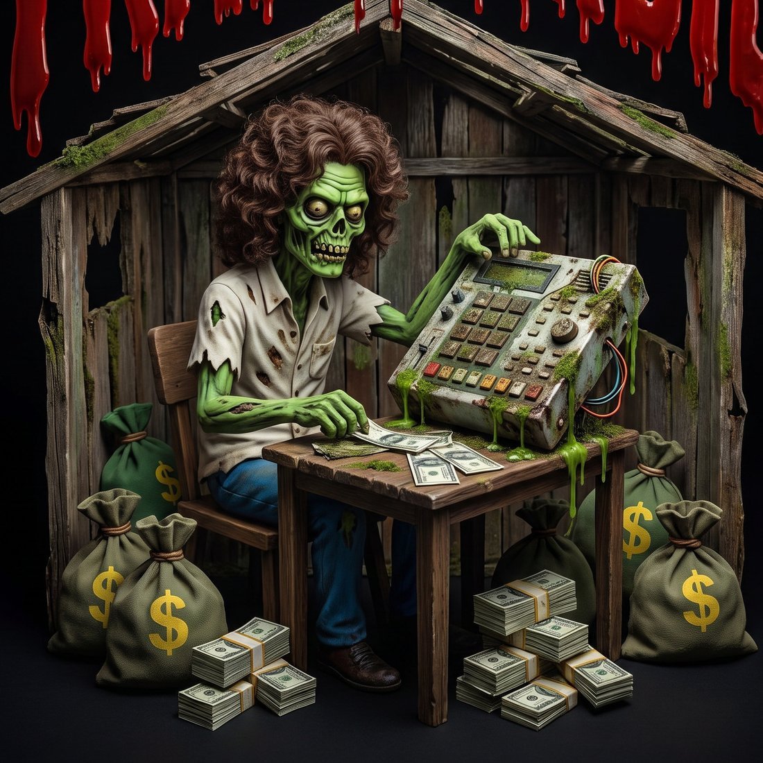 The Shack zombie in his rotting shack, playing a slime-covered drum machine surrounded by money bags