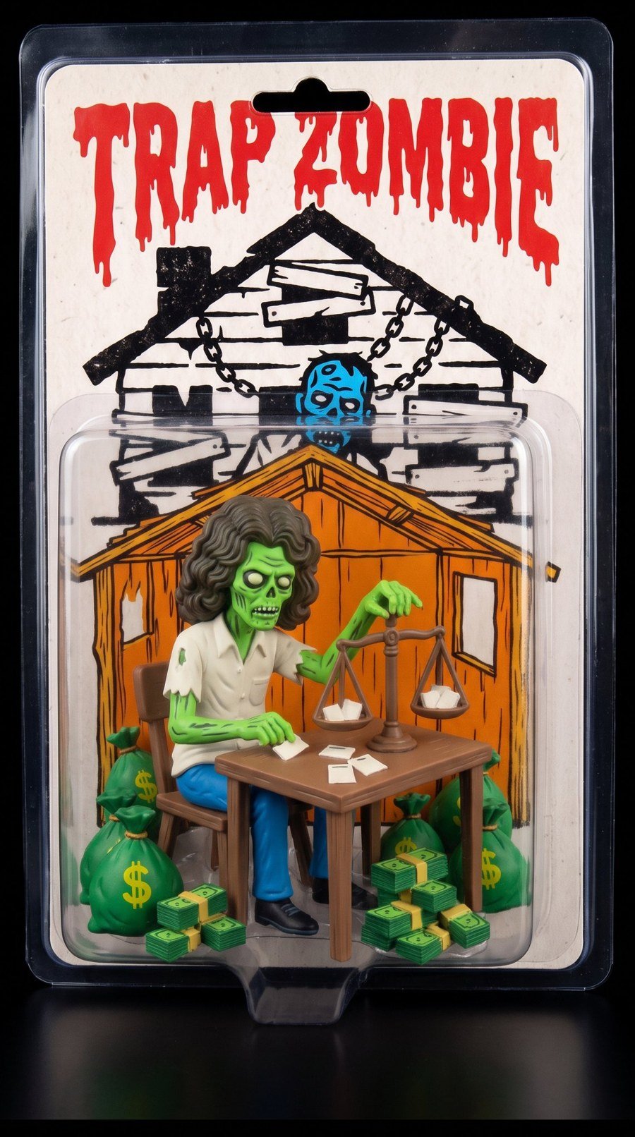 The Shack vinyl figure sealed in its blister card: a long-haired green zombie at a wooden table with a balance scale, money bags and cash stacks, in front of an orange shack